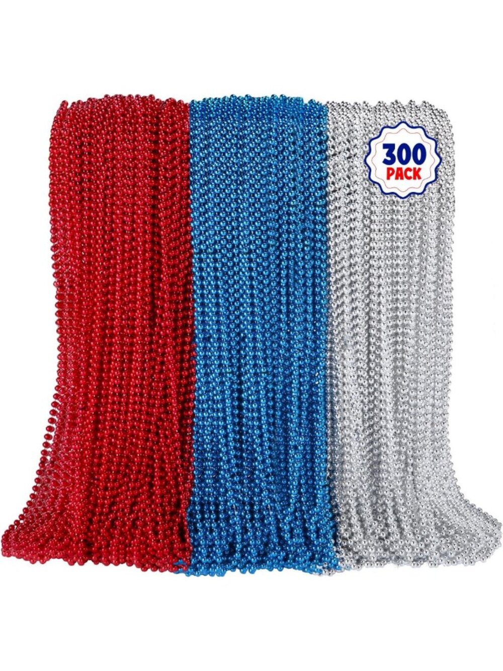 300PCS Patriotic Bead Necklaces - 33in Red, Blue & Silver for 4th of July